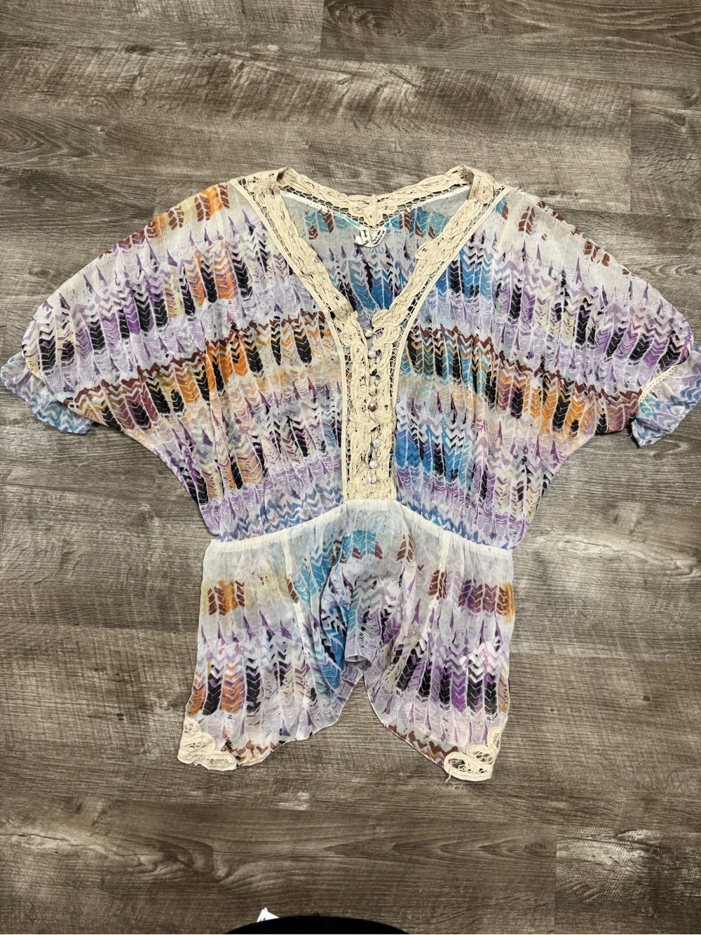 Free People Boho Lace Sheer Chevron Blouse Large